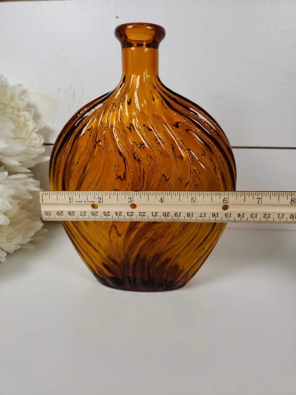 Vintage Amber Glass Textured Swirl Bottle | Mid Century Modern Art Vase | MCM